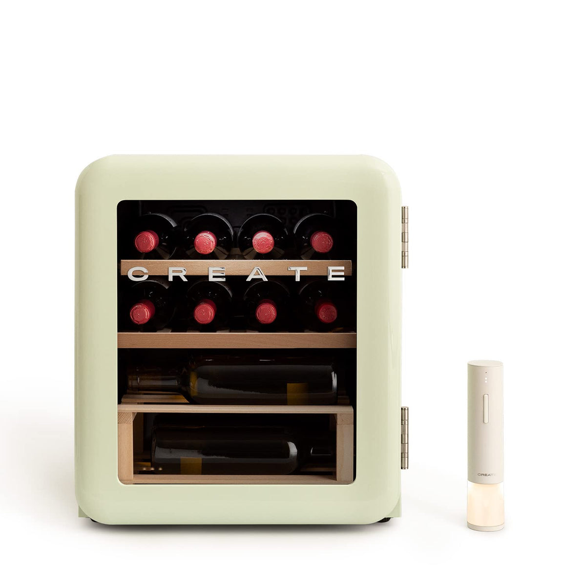 CREATE Retro Green Electric Wine Cooler with 12-bottle capacity and White Electric Corkscrew