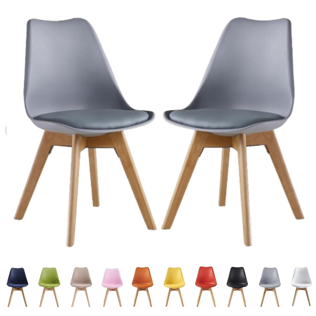 Set of two grey retro modern dining chairs with cushioned seats and wooden legs