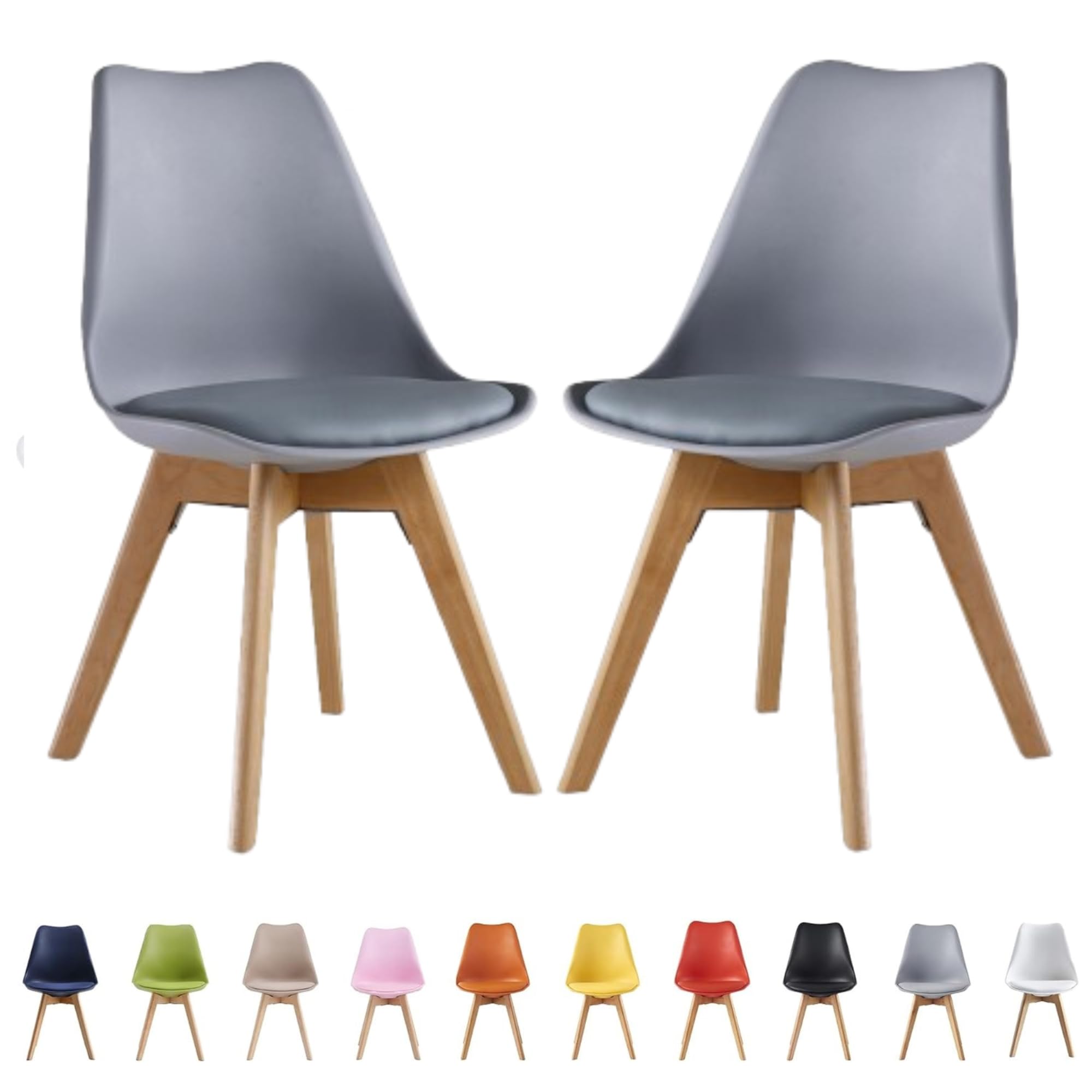 Set of two grey retro modern dining chairs with cushioned seats and wooden legs