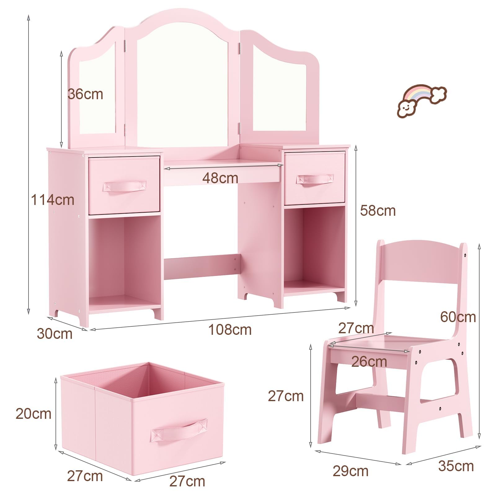 Clevich Kids Vanity Table and Chair Set with Storage
