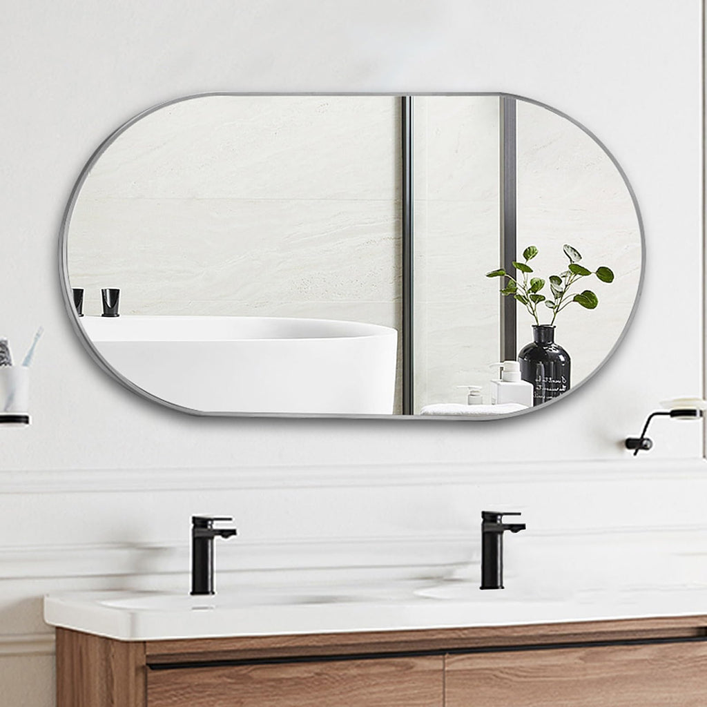 Elegant brushed aluminium framed oval bathroom mirror from Hoiweqr