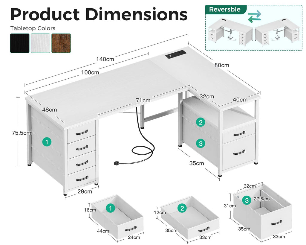 Coleshome L Shaped Computer Desk with Drawers and Power Outlet