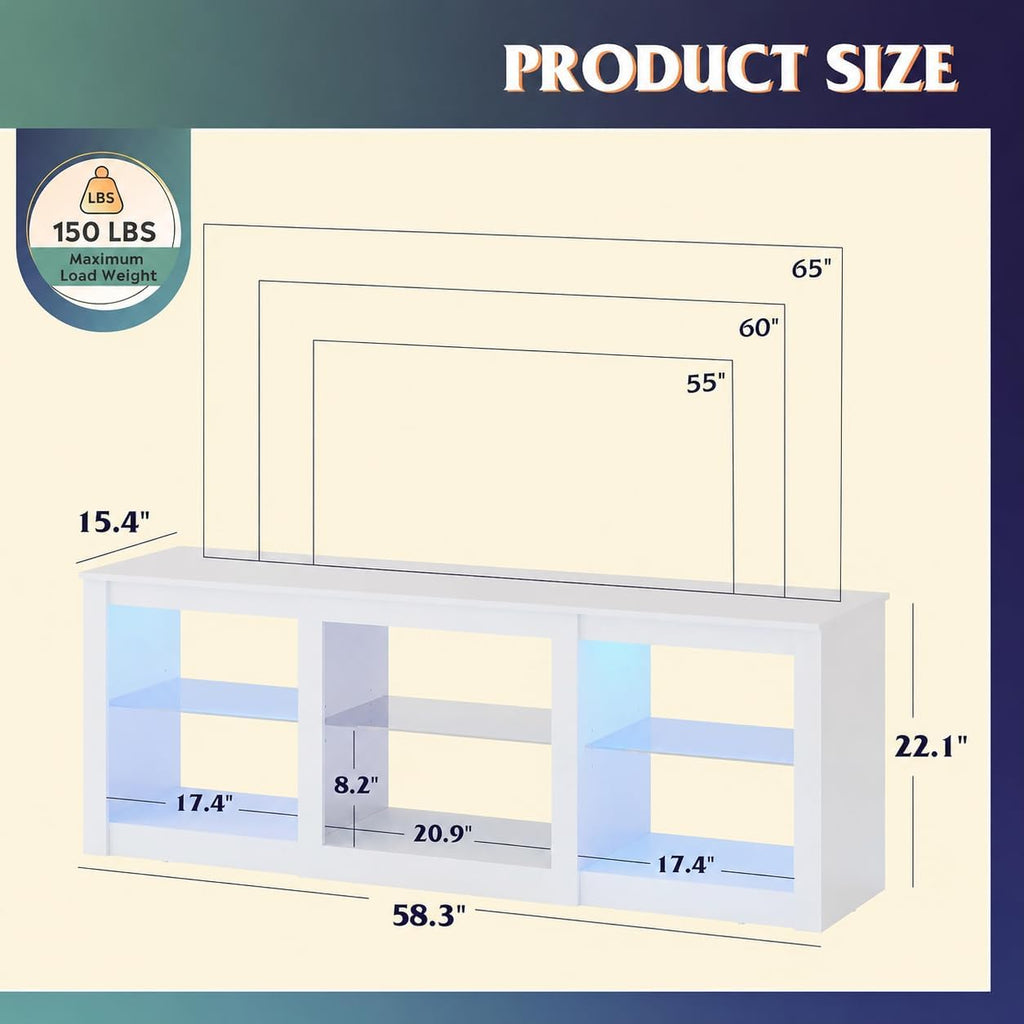 WLIVE 58" LED TV Stand with Glass Shelves - Black