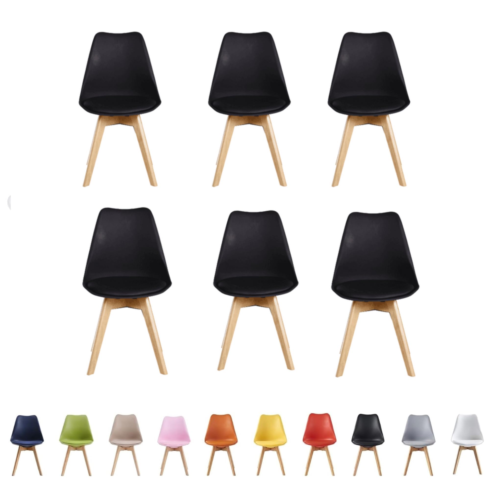 Set of 6 black retro modern dining chairs with cushioned seats and beech wood legs