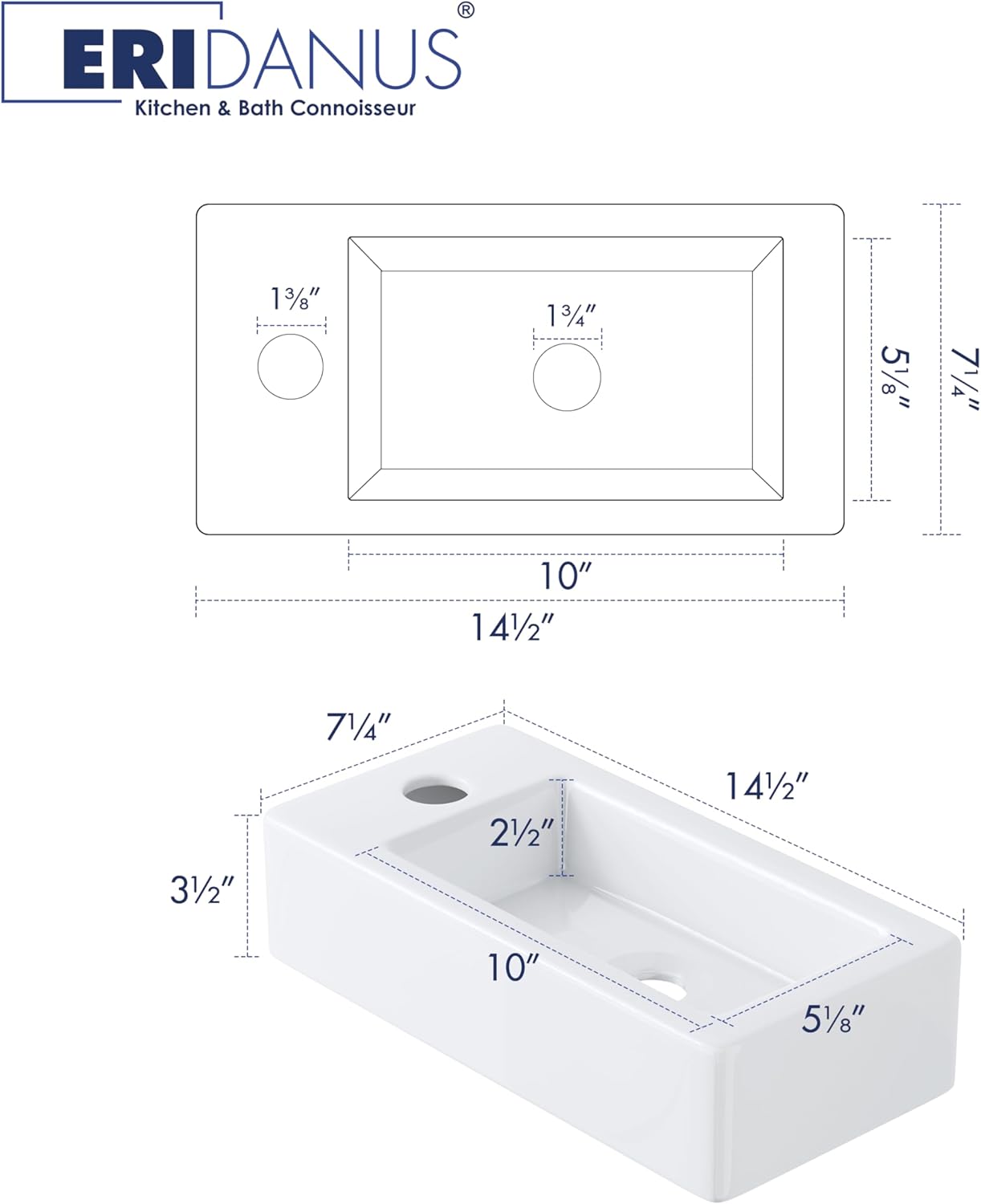 Eridanus Rectangular Ceramic Bathroom Sink - White