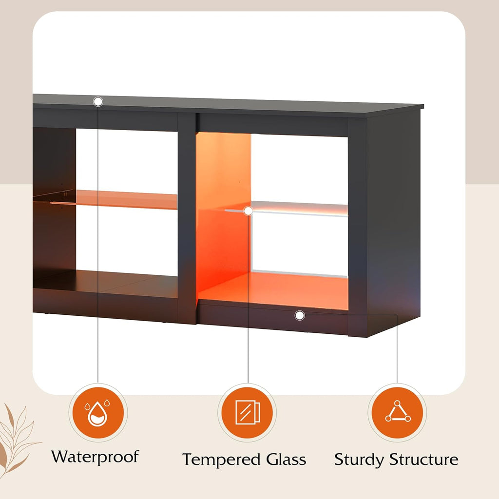 WLIVE Modern Storage LED TV Stand with Glass Shelves