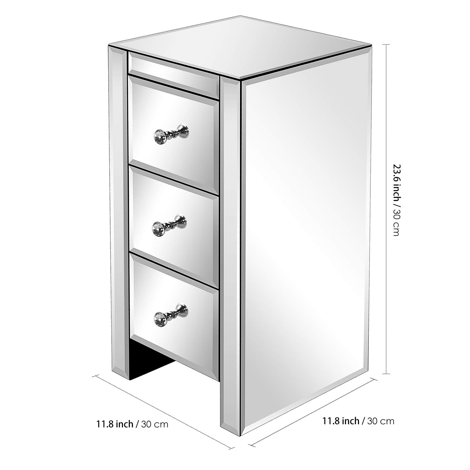 Doredo Mirrored Nightstand with 3 Drawers, Modern Silver Accent Table