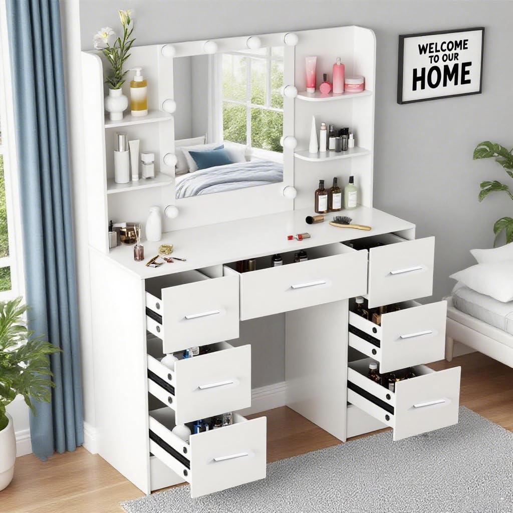Puselo LED Lighted Makeup Vanity Table with 7 Drawers