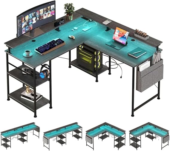 Gaming Desk L-Shaped With LED And Sockets 140 X 140 Cm Corner Desk Reversible Computer Desk With Monitor Shelf 4 Shelves And Side Pockets For Home Office And Office grey