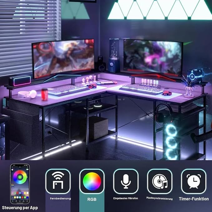 Gaming Desk L-Shaped With LED And Sockets 140 X 140 Cm Corner Desk Reversible Computer Desk With Monitor Shelf 4 Shelves And Side Pockets For Home Office And Office grey