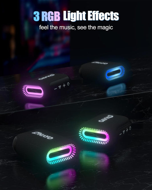 Bluetooth Speaker, Portable Wireless Speaker with RGB Lights, IPX7 Waterproof, 10W Mini Speaker, BT5.3, 24H Playtime, AUX&TF-Card, Outdoor Speakers with Clip, Wireless Stereo Pairing for Home, Travel