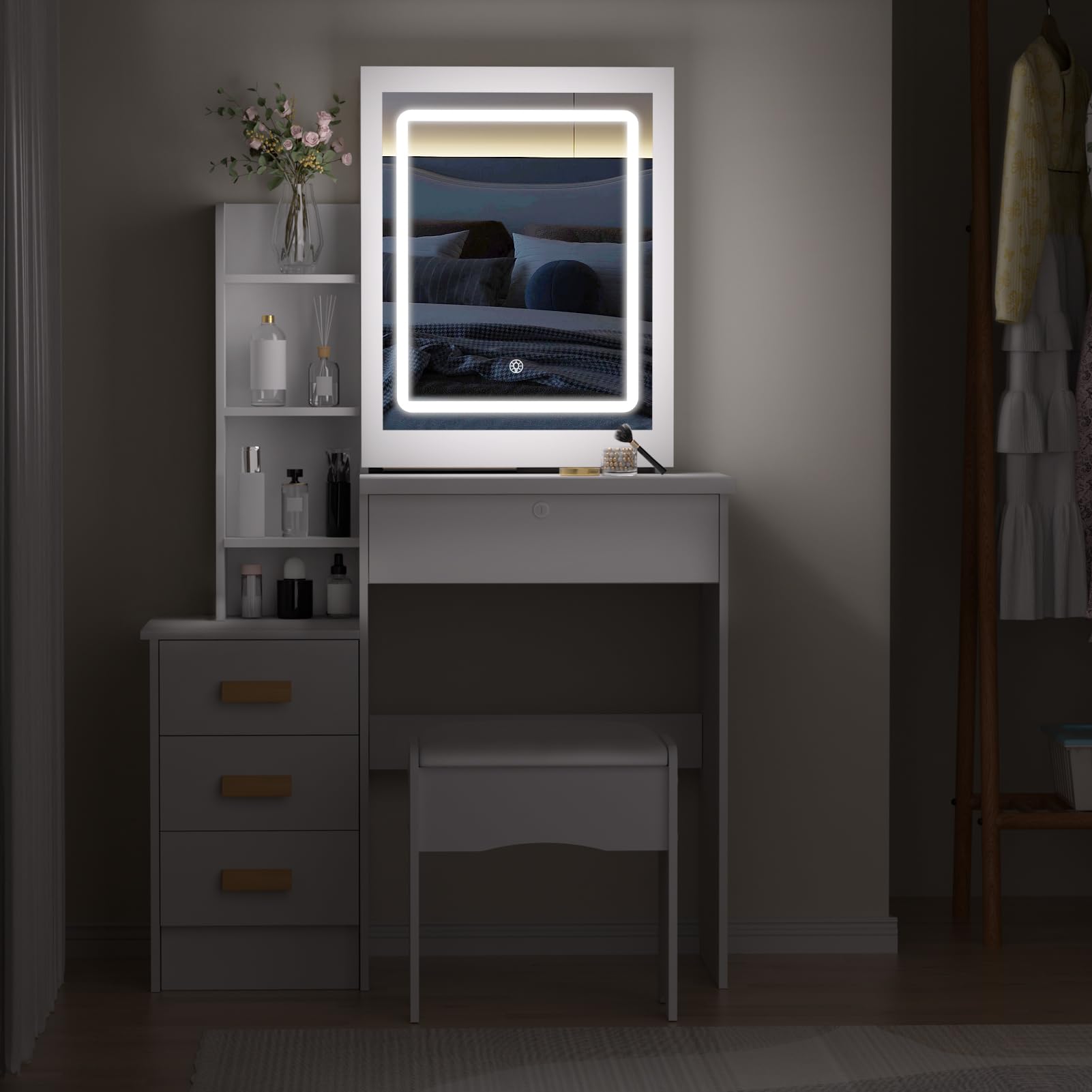 UDIYO Vanity Desk with LED Lights and Adjustable Brightness Mirror