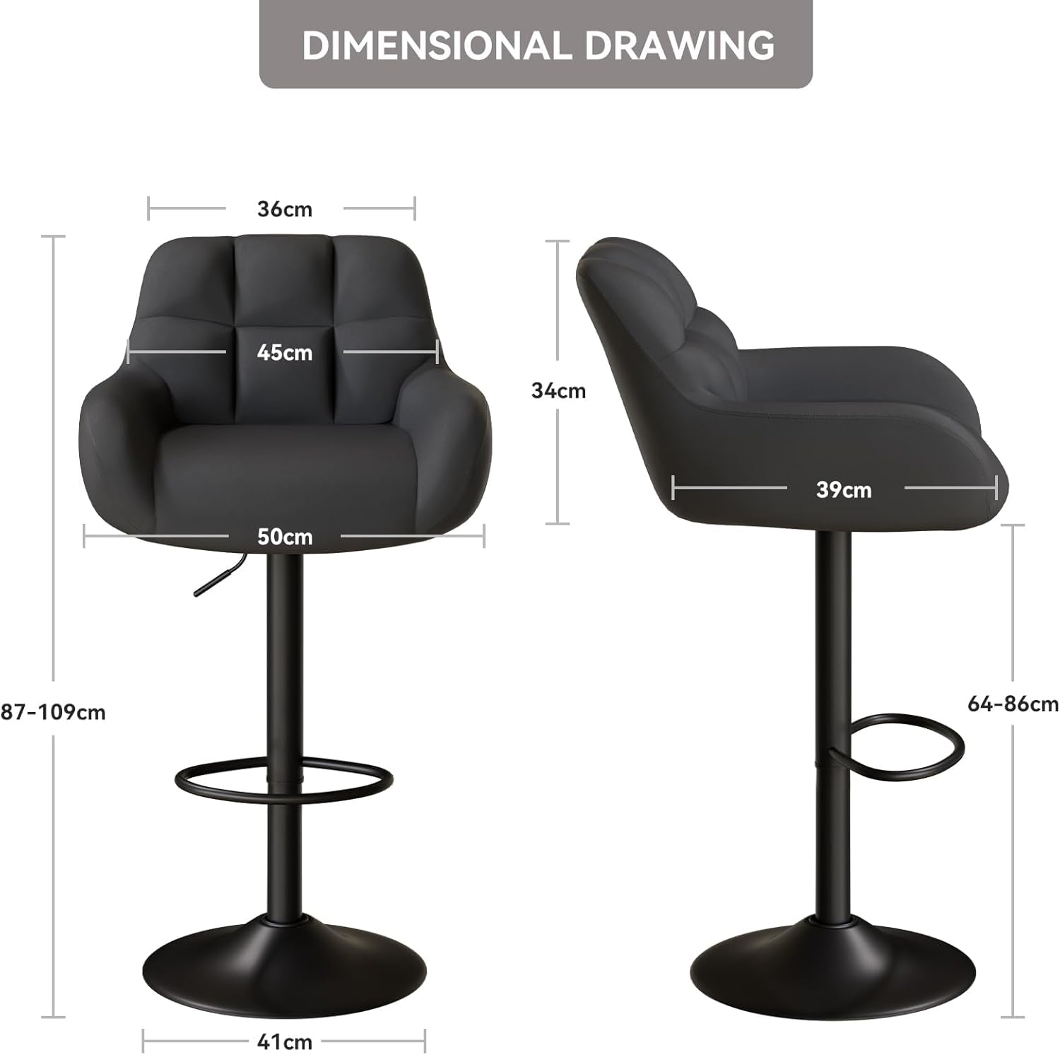 Hawthyhome Adjustable Bar Stools Set of 2 with PU Leather