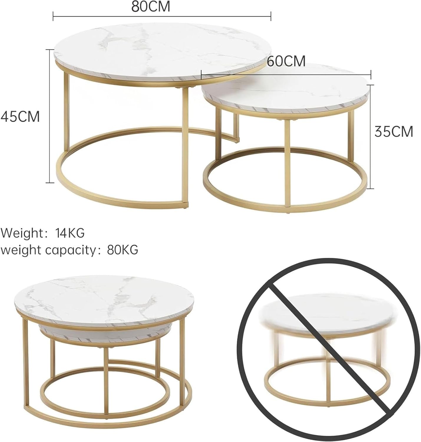 Ginhow Set of 2 Round Coffee Tables White Marble Design