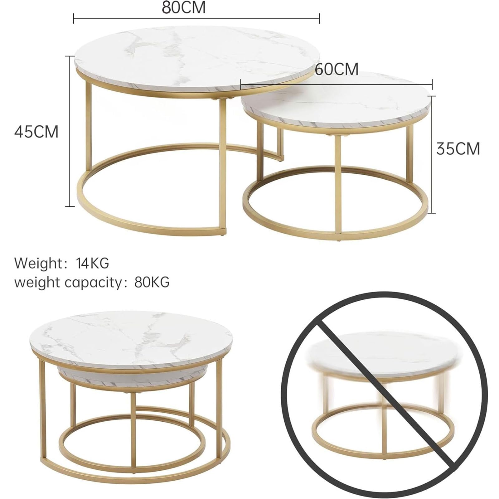 Ginhow Set of 2 Round Coffee Tables with Marble Design