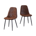 Set of two brown suede faux dining chairs with upholstered seats and matte metal legs
