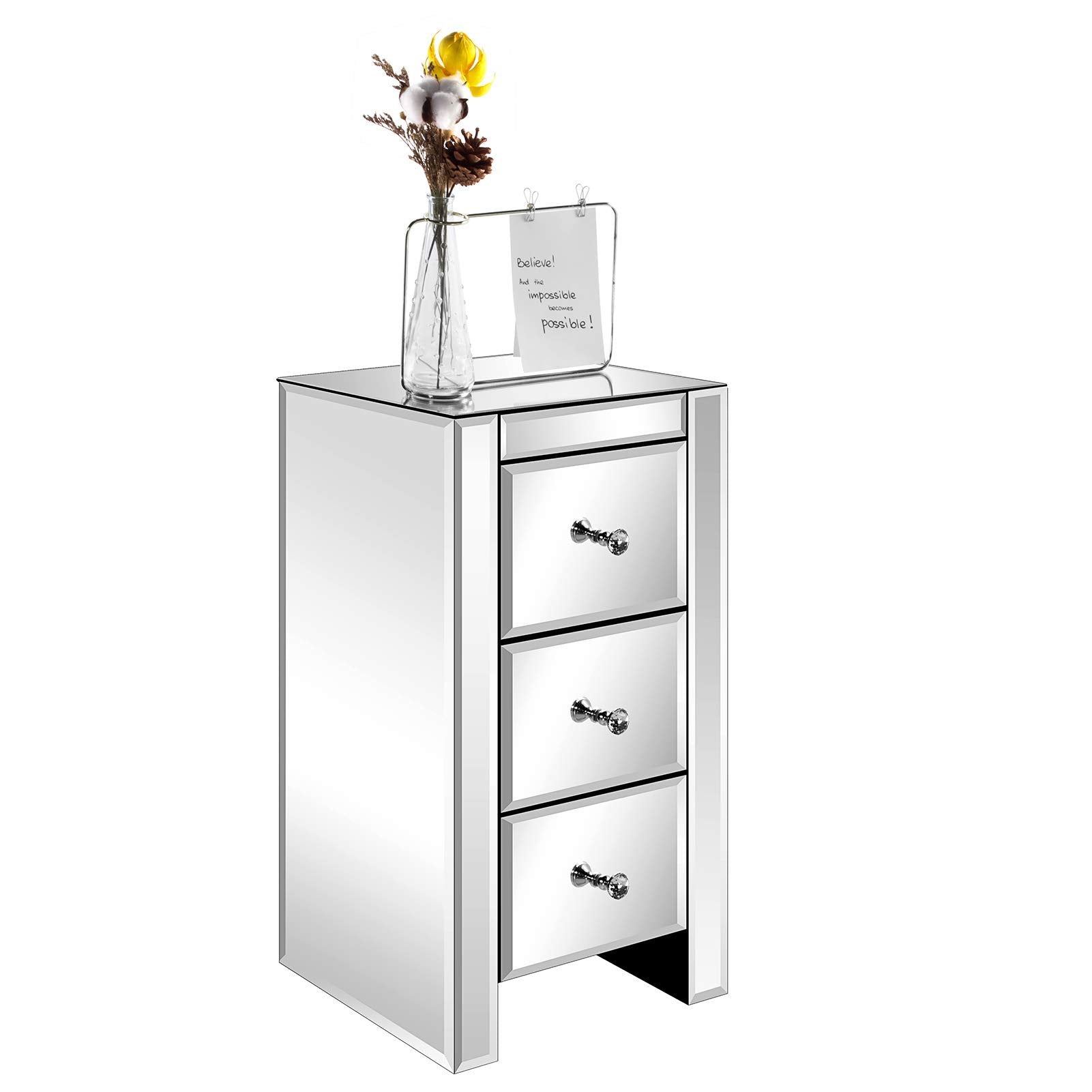 Doredo Mirrored Nightstand with 3 Drawers, Modern Silver Accent Table