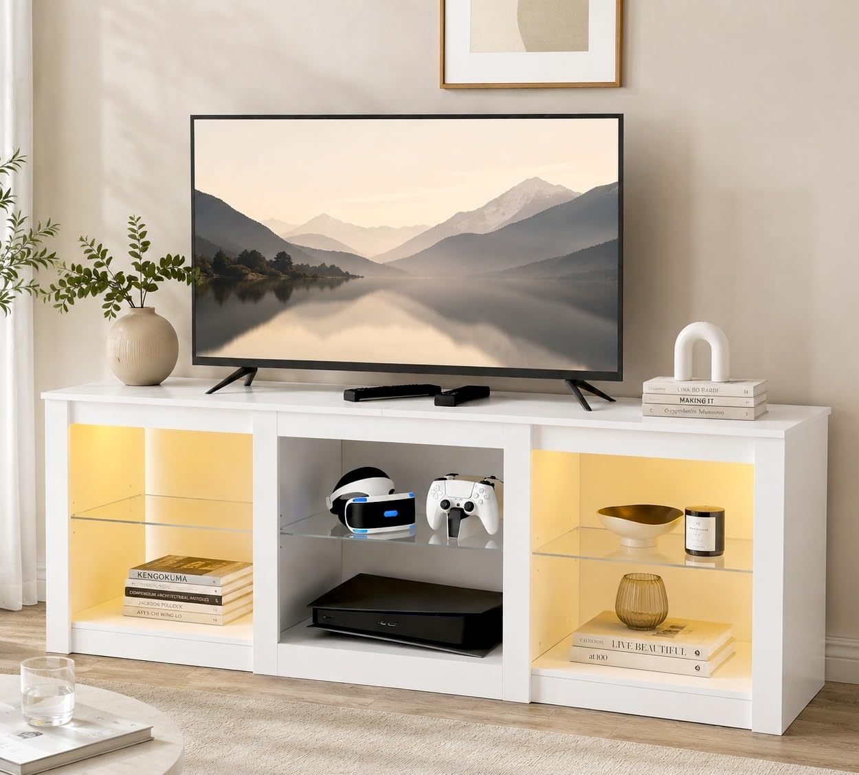 WLIVE Modern LED TV Stand for 65" TVs with adjustable glass shelves and RGB lights