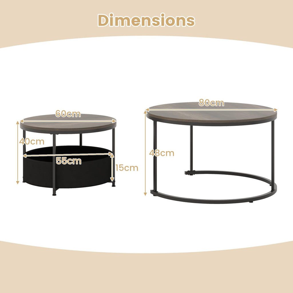 COSTWAY Round Nesting Coffee Tables Set with Storage Basket