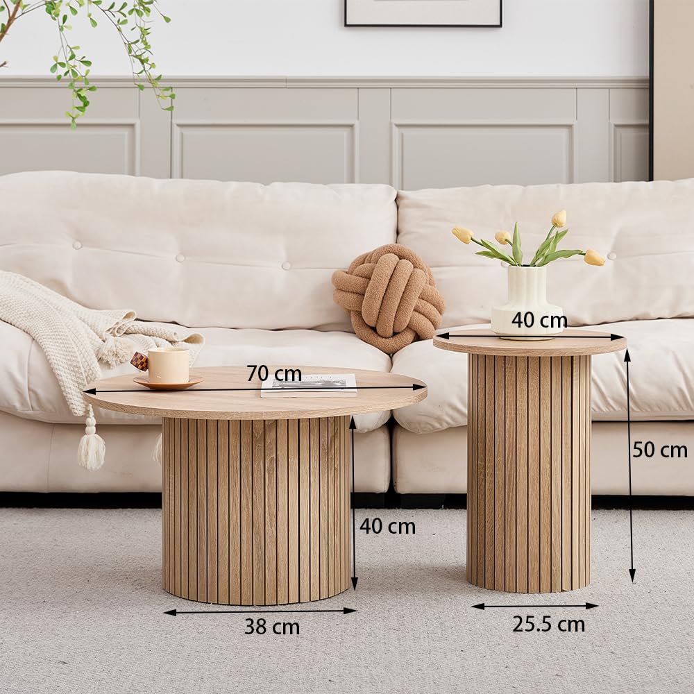 Set of two round, stackable coffee tables with natural wood grain finish