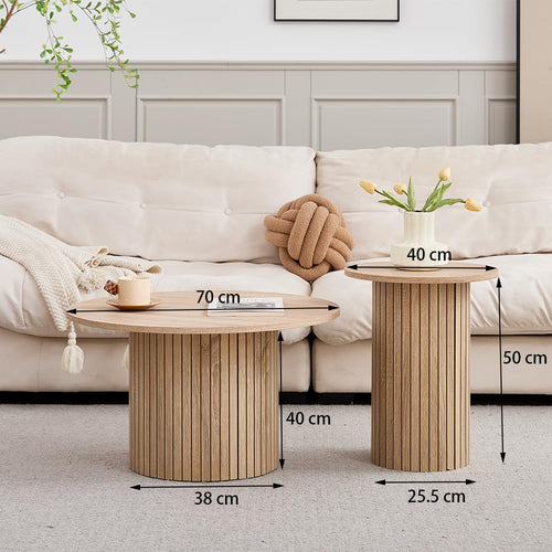 Set of two round, stackable coffee tables with natural wood grain finish