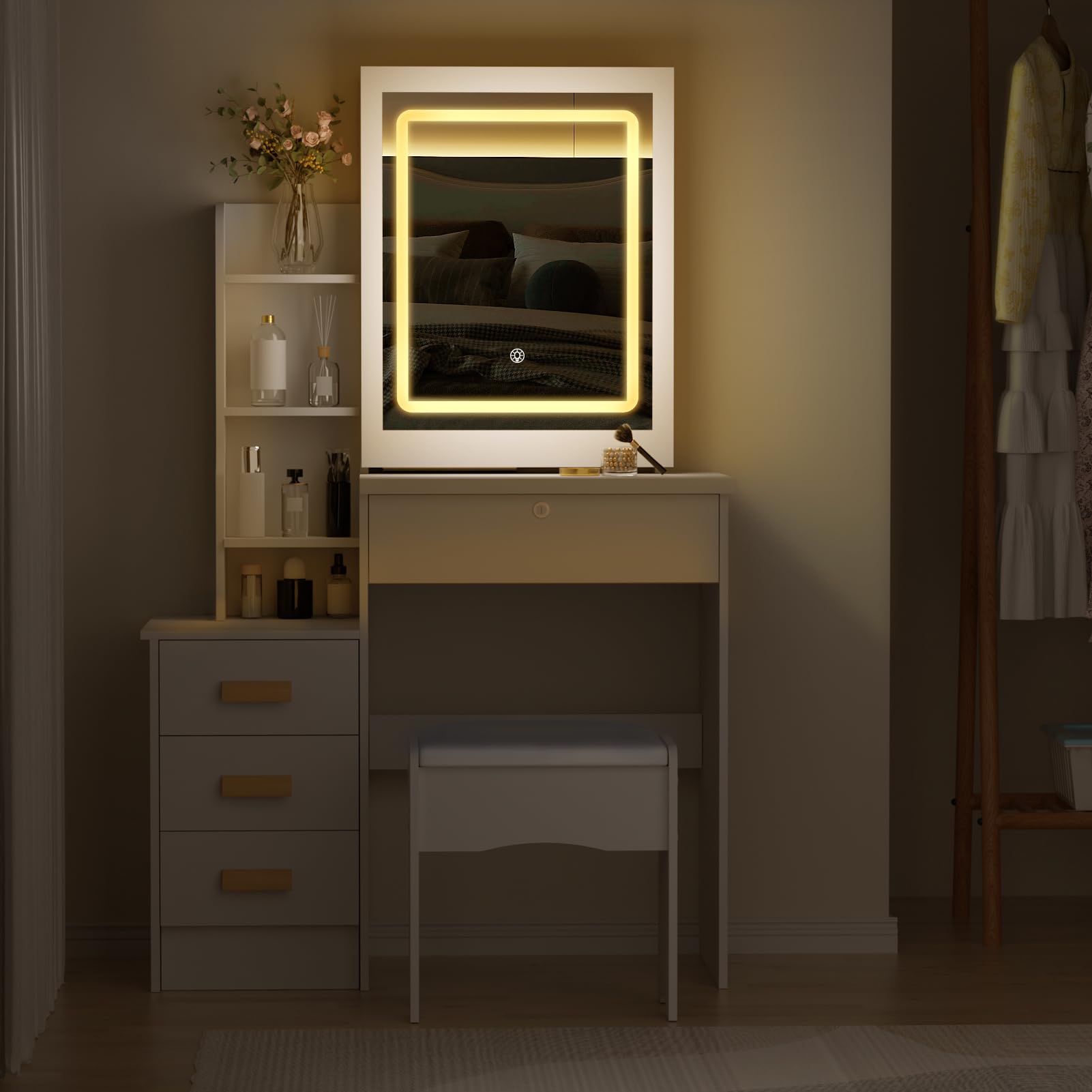 UDIYO Vanity Desk with LED Lights and Adjustable Brightness Mirror
