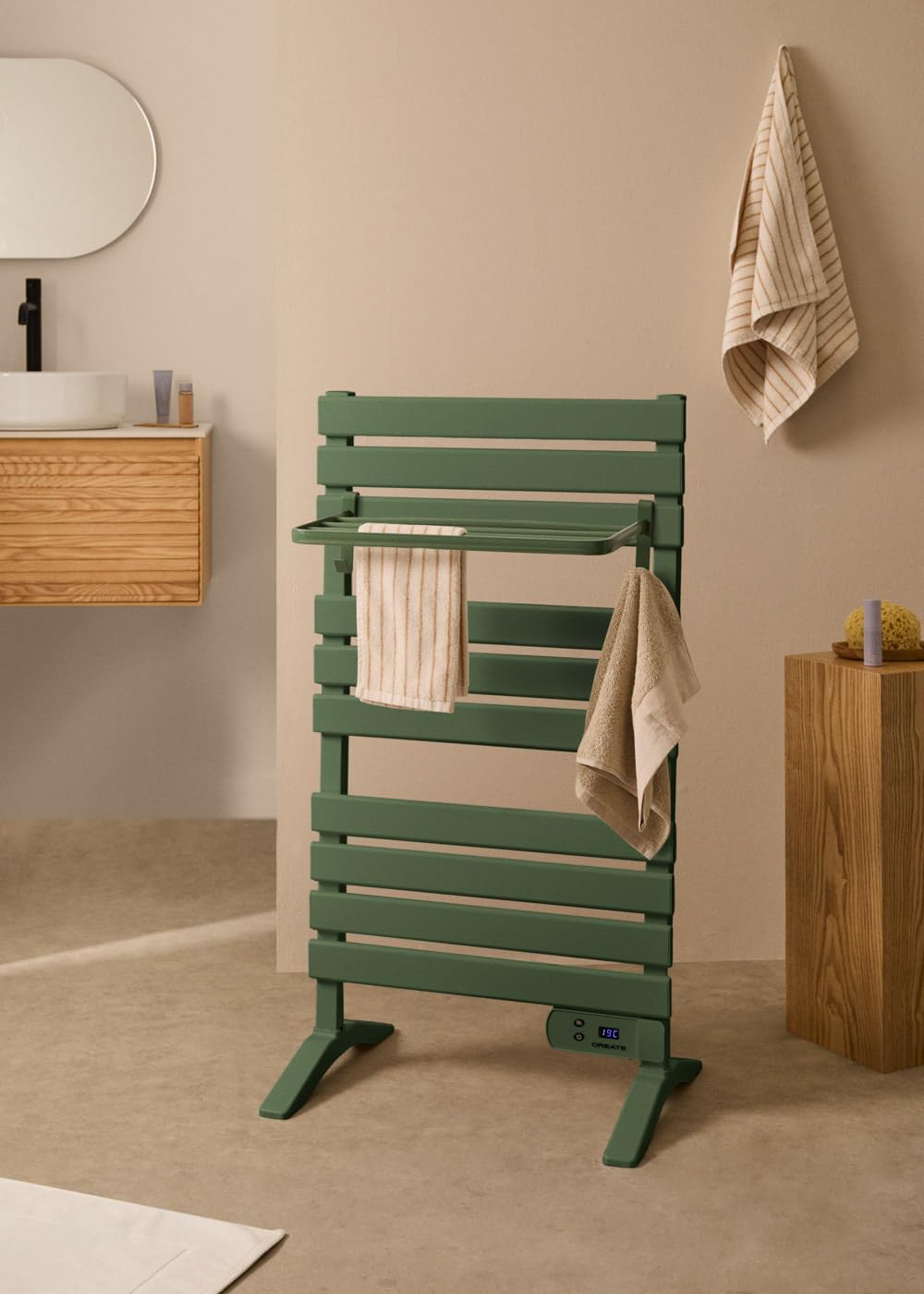 CREATE Sage Green Electric Towel Warmer with Timer and LCD Display