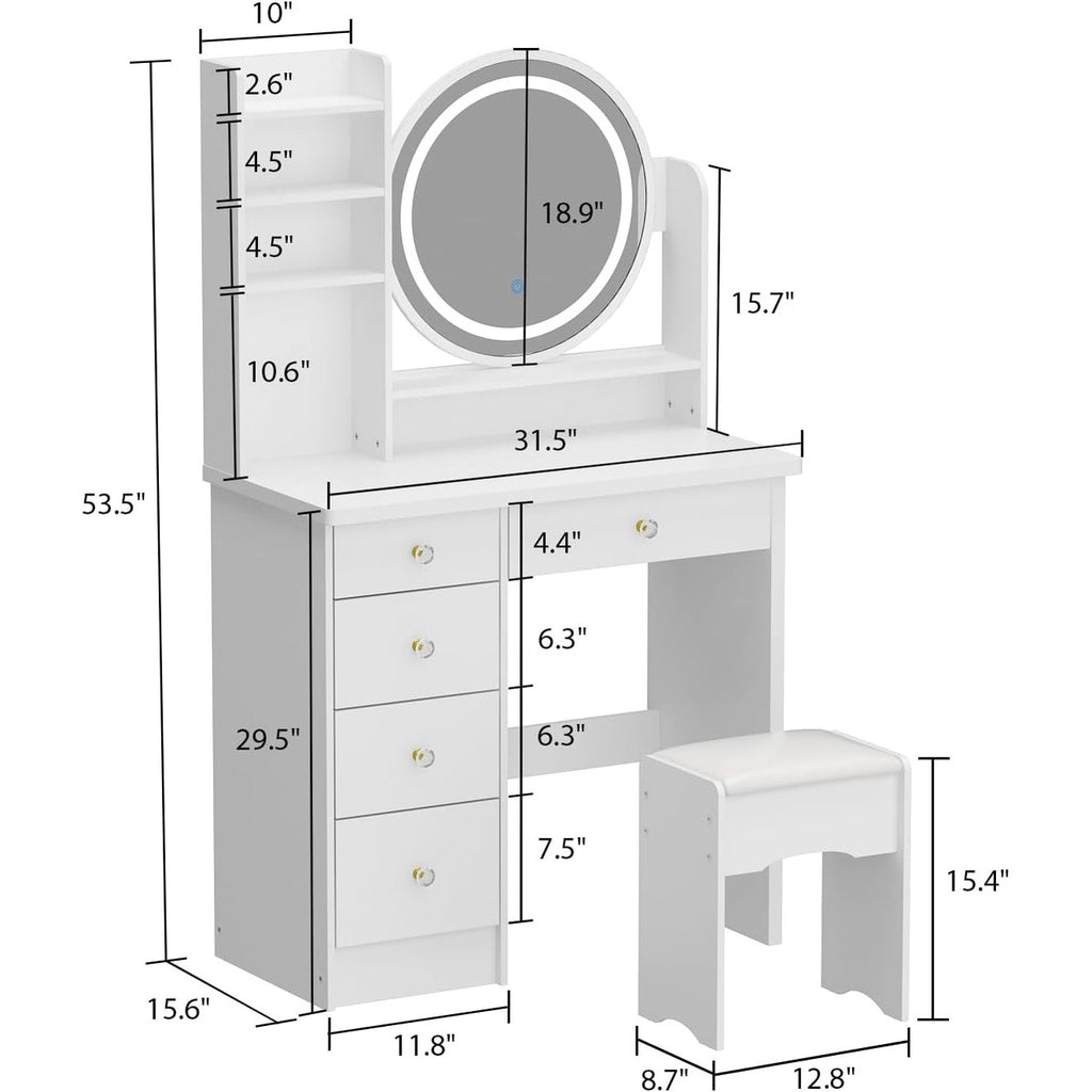 ECACAD Vanity Desk Set with LED Lighted Round Mirror, Makeup Dressing Table with 5 Drawers, Storage Shelves & Cushioned Stool for Bedroom, White
