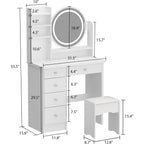 ECACAD Vanity Desk Set with LED Lighted Round Mirror, Makeup Dressing Table with 5 Drawers, Storage Shelves & Cushioned Stool for Bedroom, White