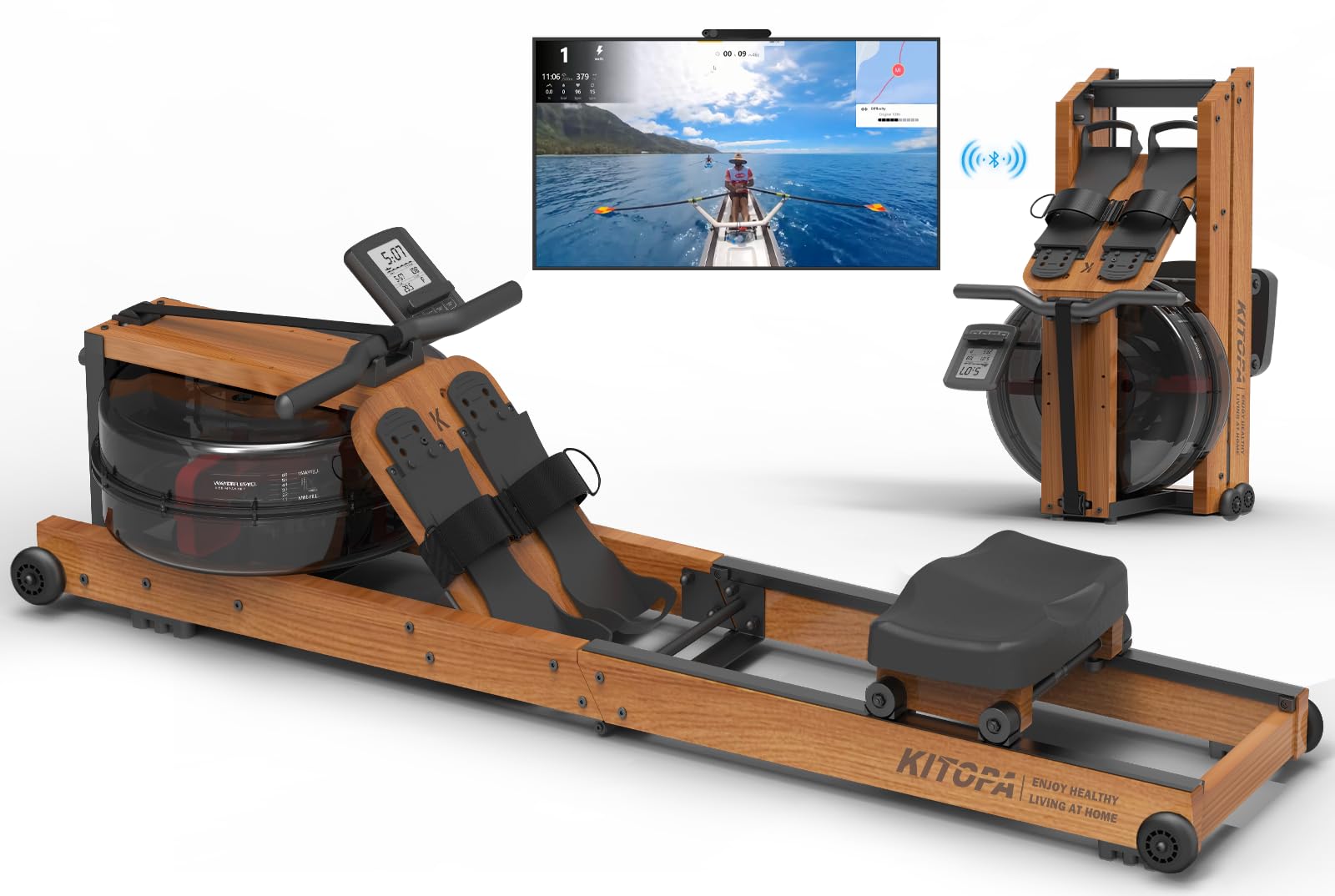 Kitopa oak wood foldable rowing machine with Bluetooth monitor and adjustable foot strap