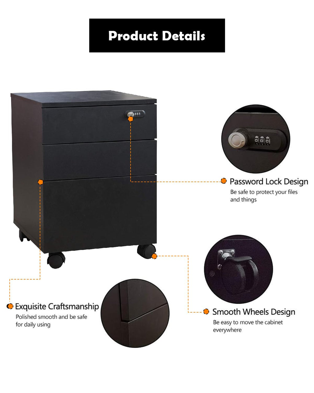 Happy Home 3 Drawer Lockable Wooden Document Cabinet