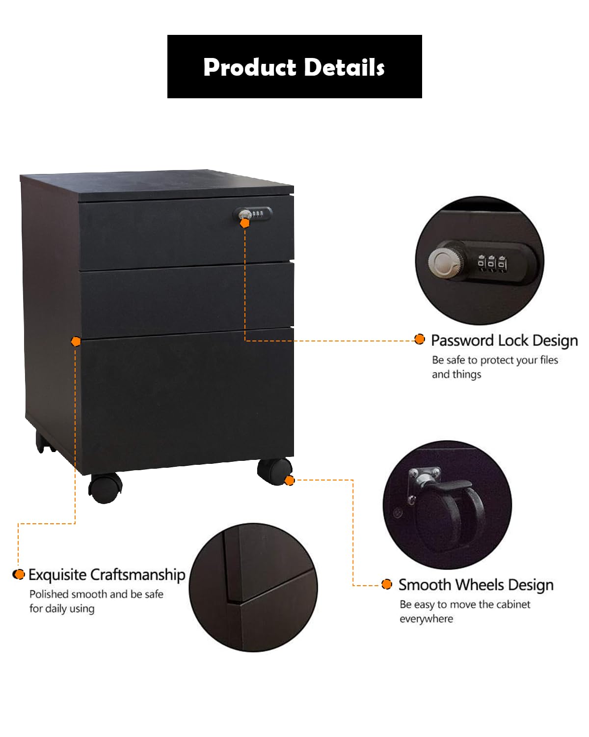 Happy Home 3 Drawer Lockable Wooden Document Cabinet