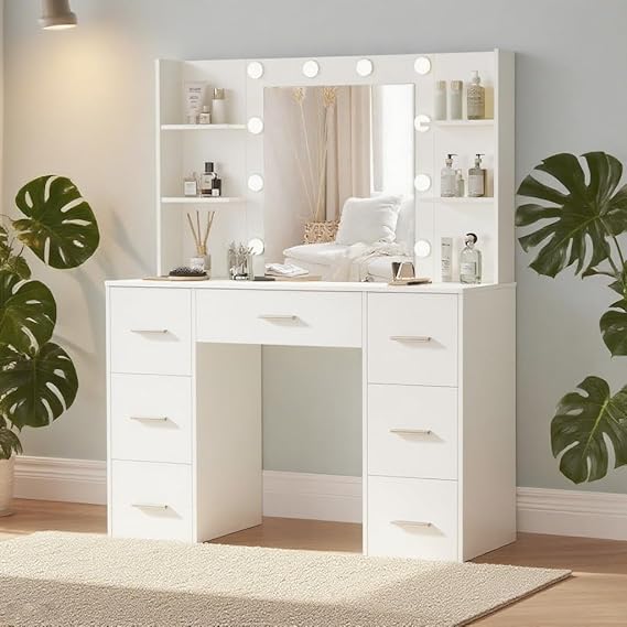 Puselo Dressing Table with Mirror and LED Lights - white