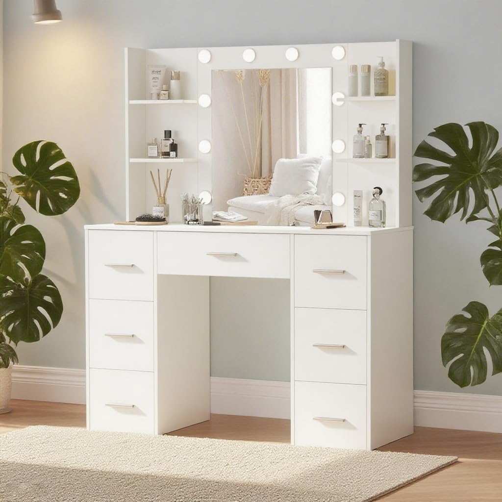 Puselo modern white LED lighted dressing table with 7 drawers and storage shelves