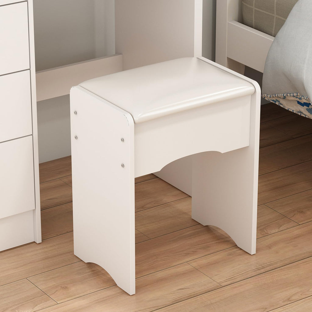 ECACAD Vanity Desk Set with LED Lighted Round Mirror, Makeup Dressing Table with 5 Drawers, Storage Shelves & Cushioned Stool for Bedroom, White