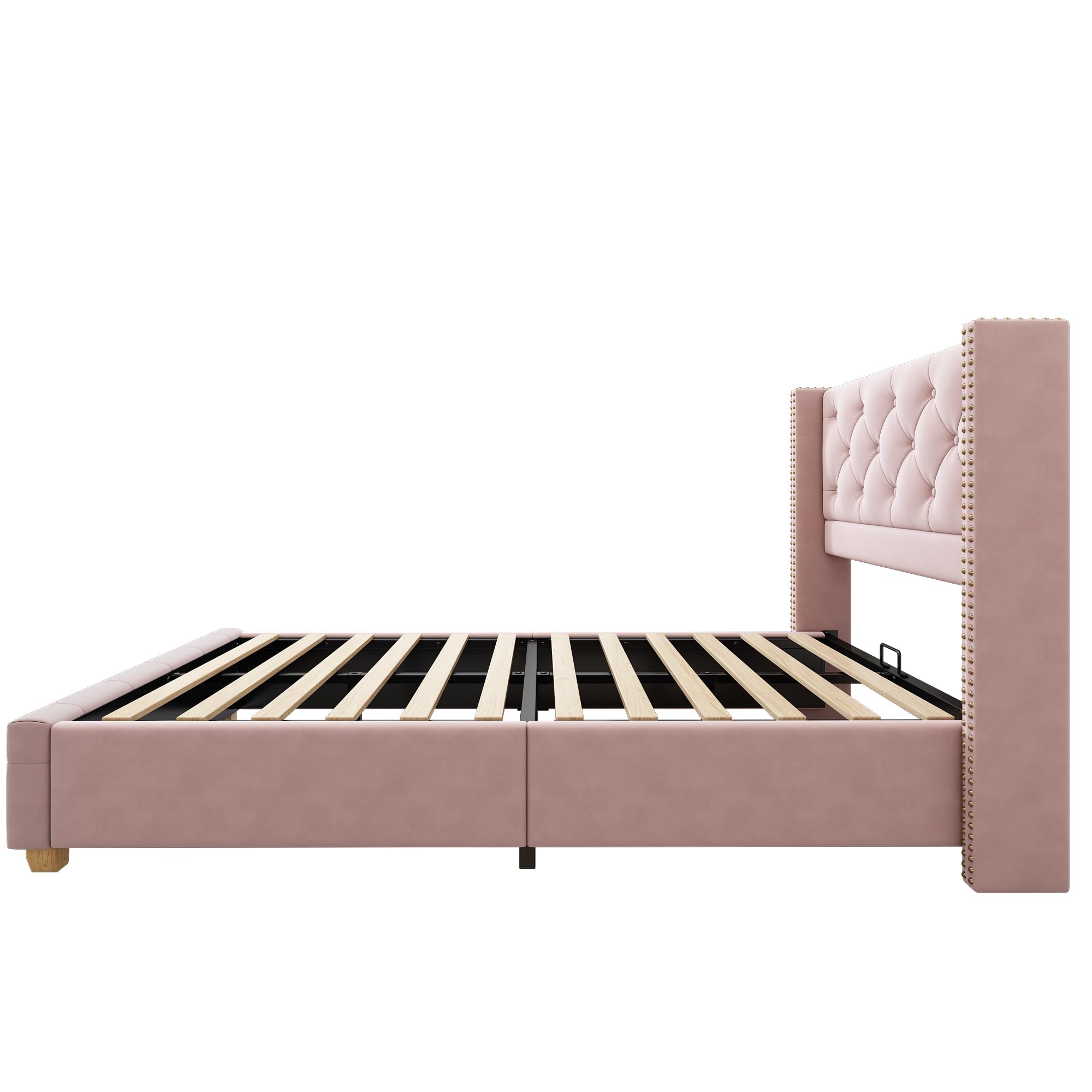 REXO Pink Velvet Upholstered Bed with Quilted Headboard
