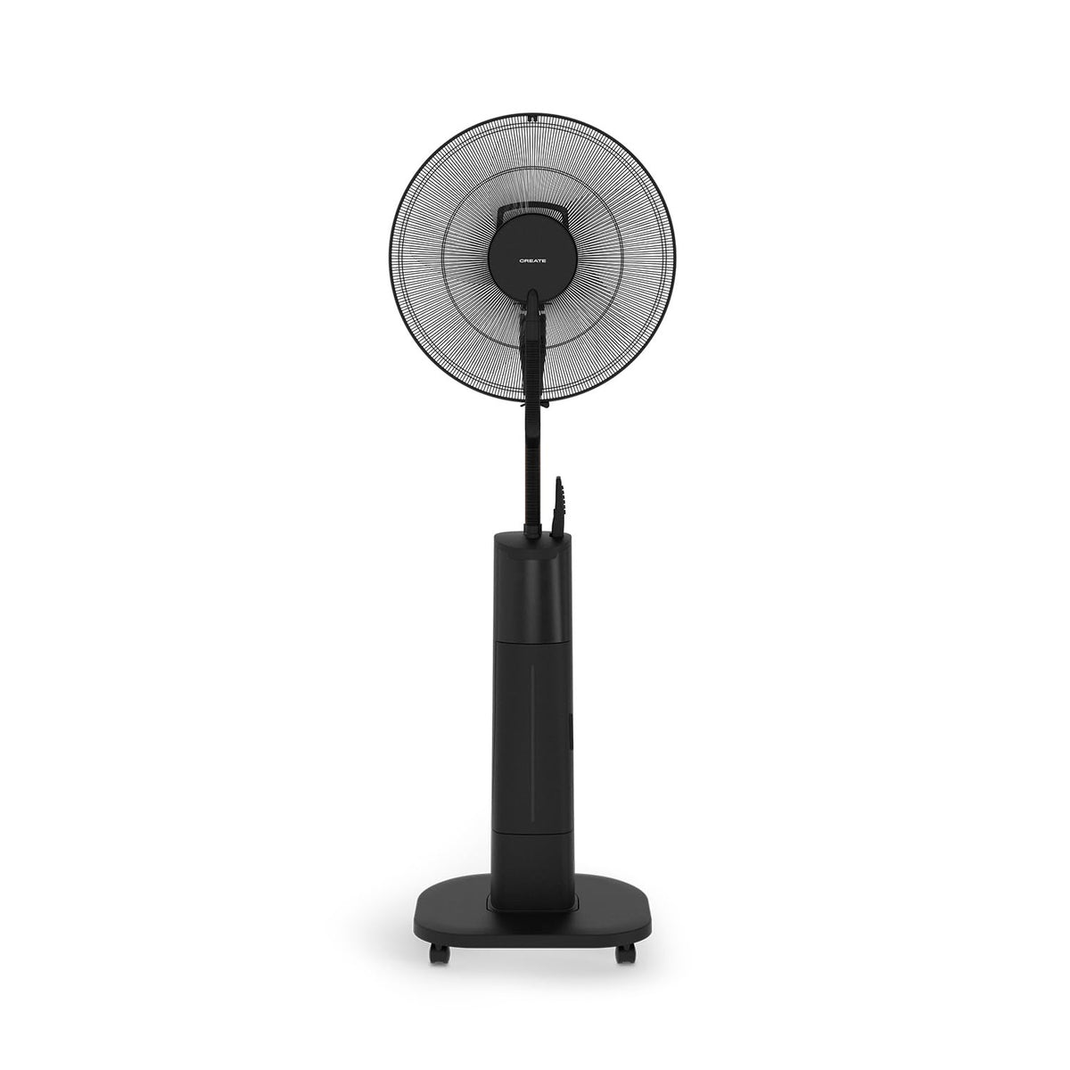 CREATE Air Mist Pro oscillating fogger fan with a black remote control, featuring a modern design