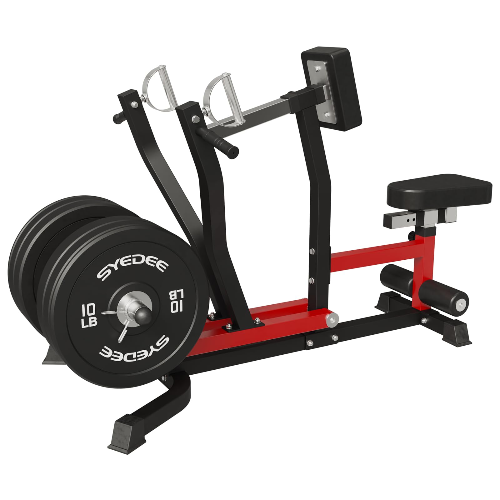 Seated Row Machine with weight plate, adjustable seat, and pulley system