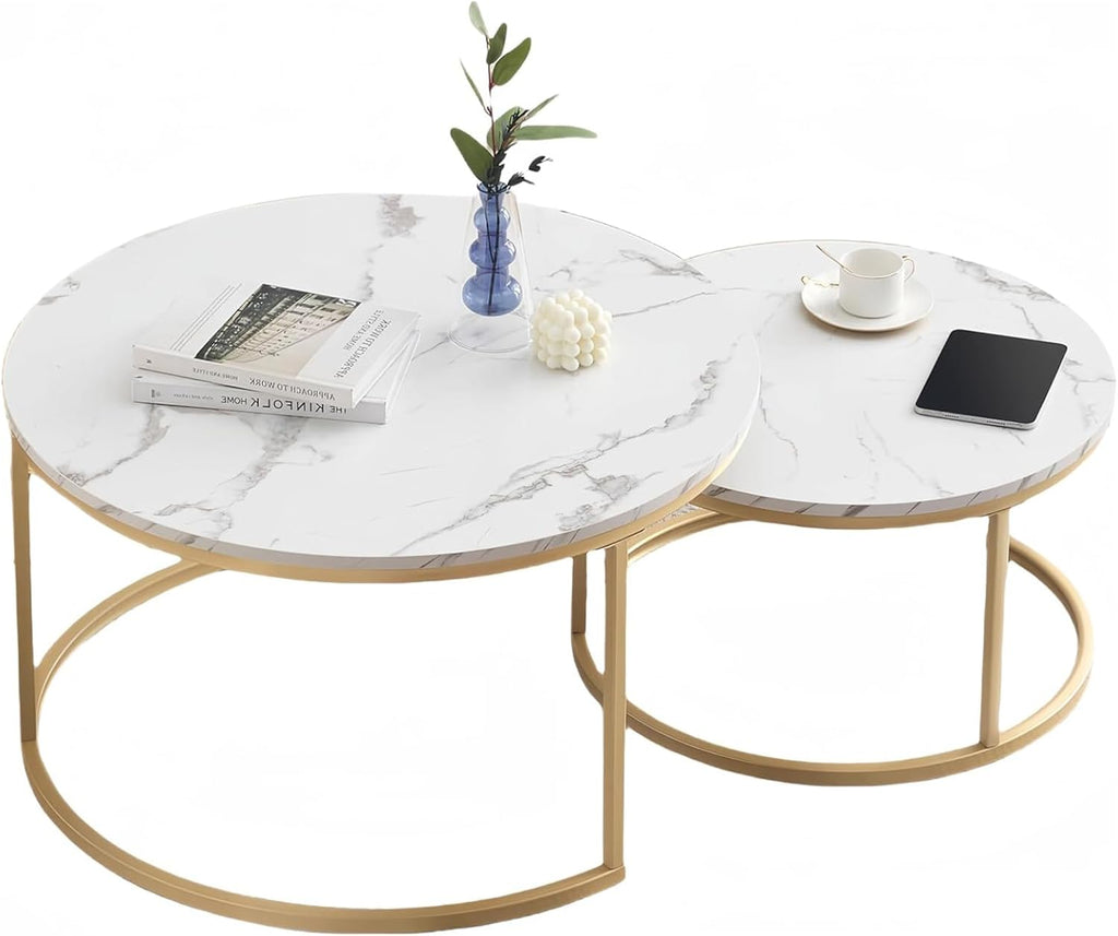 Ginhow Set of 2 Round Coffee Tables White Marble Design