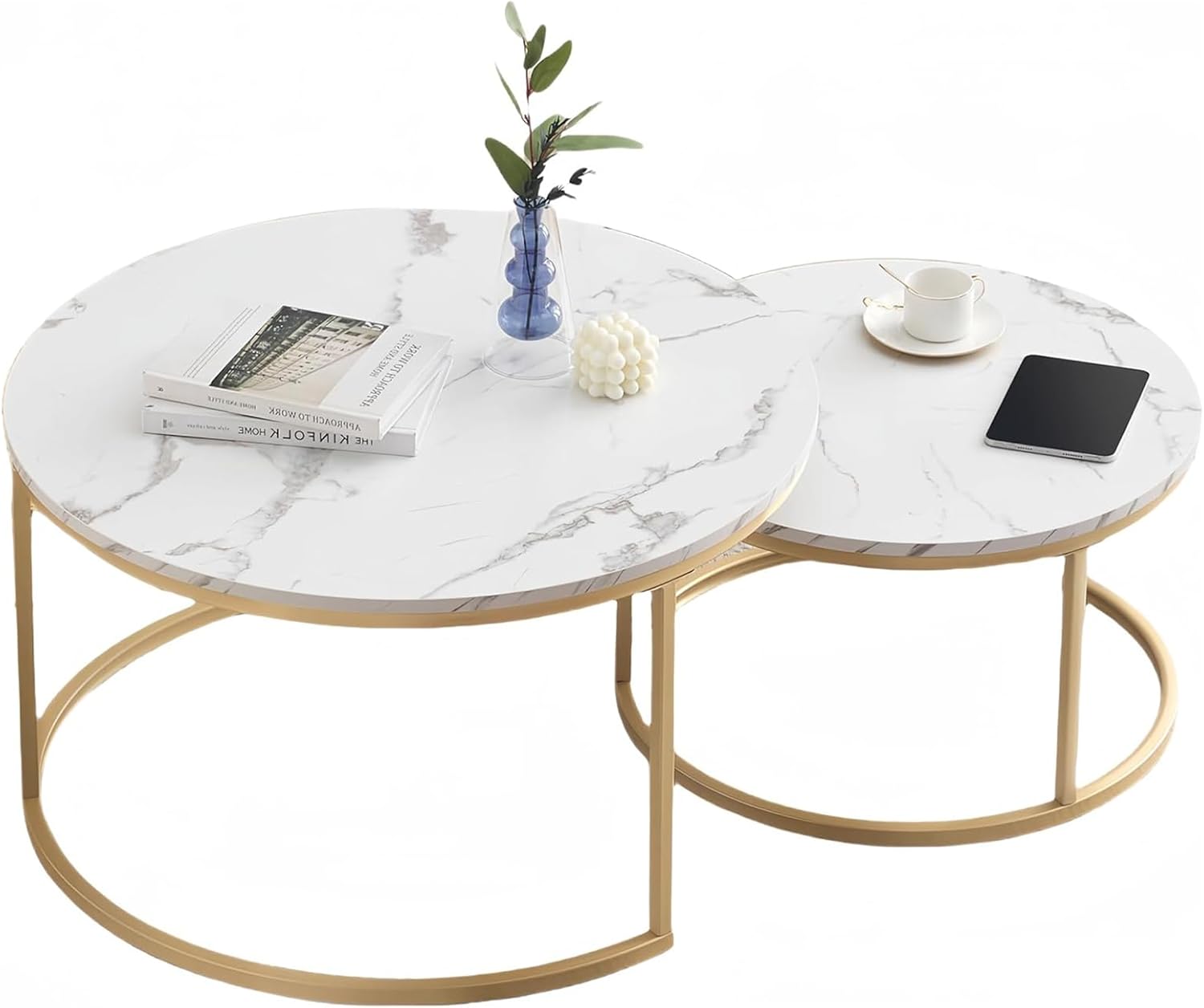 Ginhow Set of 2 Round Coffee Tables White Marble Design