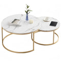 Set of 2 round coffee tables with white marble top and gold metal frame
