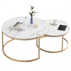Set of 2 round coffee tables with white marble top and gold metal frame