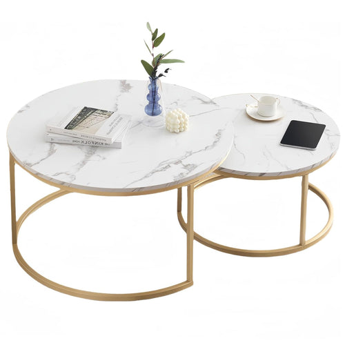 Set of 2 round coffee tables with white marble top and gold metal frame