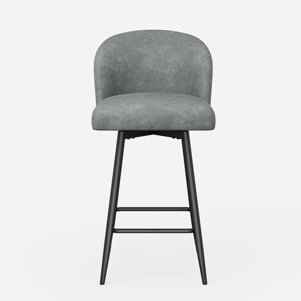 Set of 2 modern counter height bar stools with 360° swivel, high back, and metal legs, upholstered in light grey PU leather