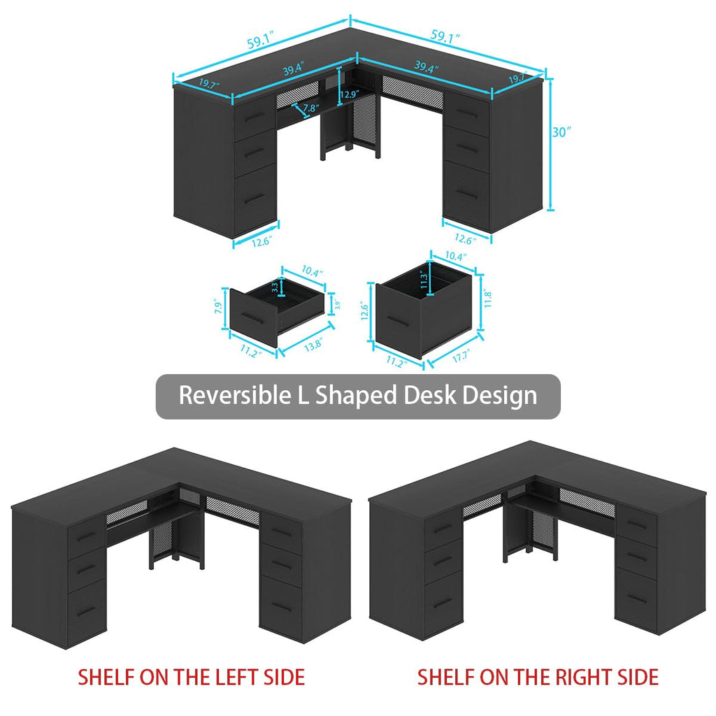 HSH Black L Shaped Desk with File Drawers and Shelves