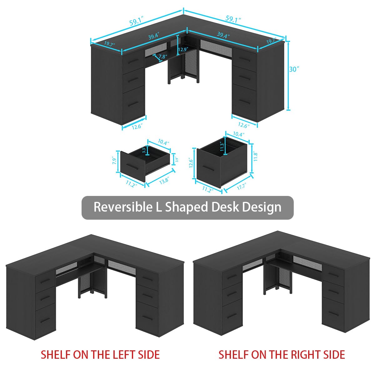 HSH Black L Shaped Desk with File Drawers and Shelves