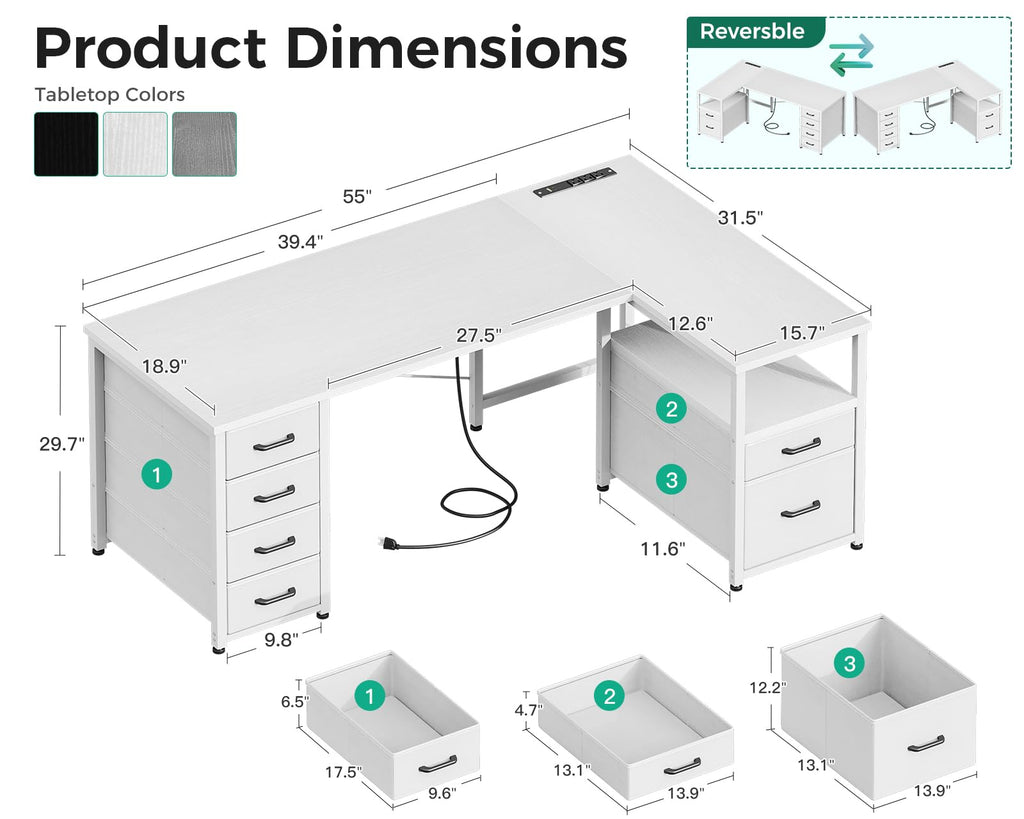 Coleshome L Shaped Computer Desk with 6 Drawers and Power Outlet