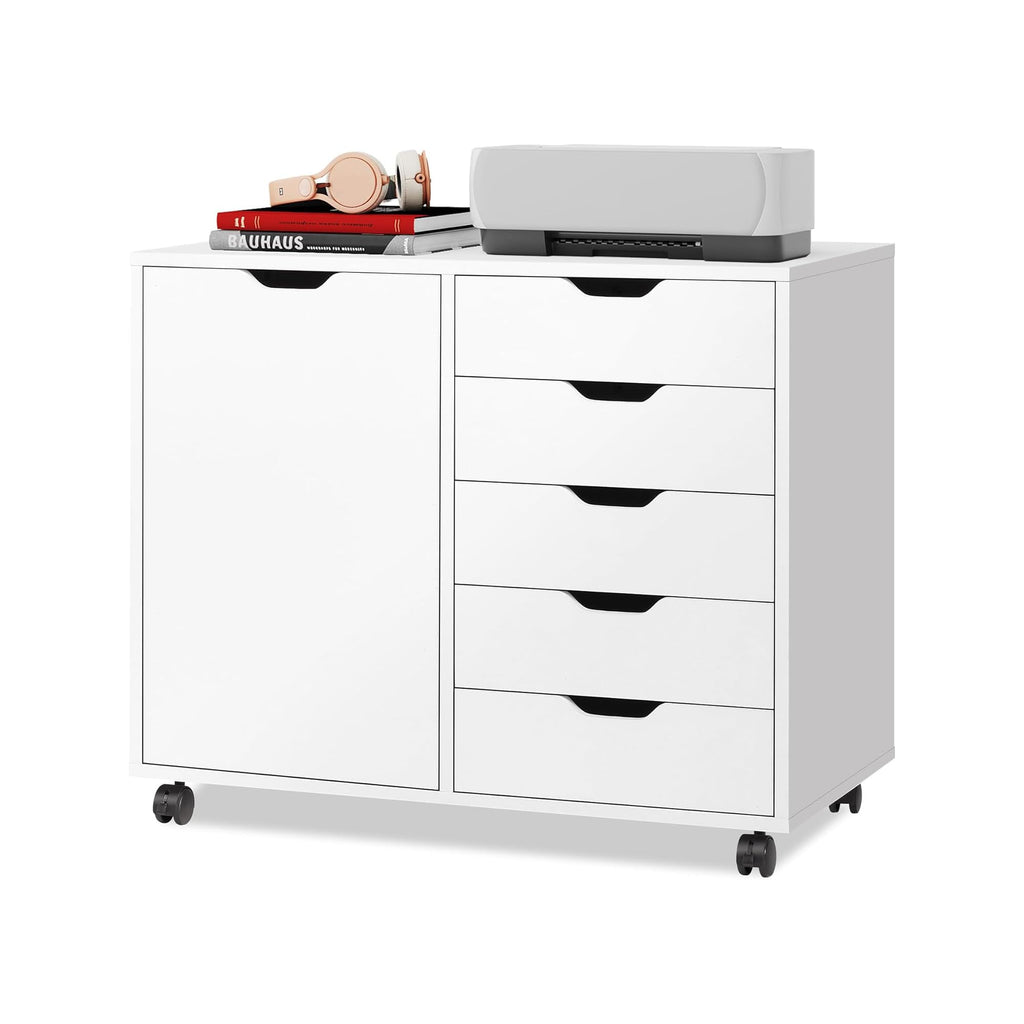 White 5-drawer wood cabinet with adjustable shelf and wheels for home office use