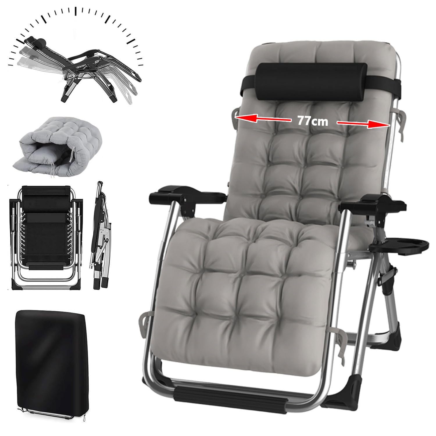 YOIZO Folding Deck Chair with Cushion, 72cm, Grey