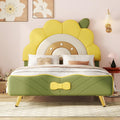 Sweiko wooden bed with sunflower headboard and bow detail, featuring a bright yellow and green design
